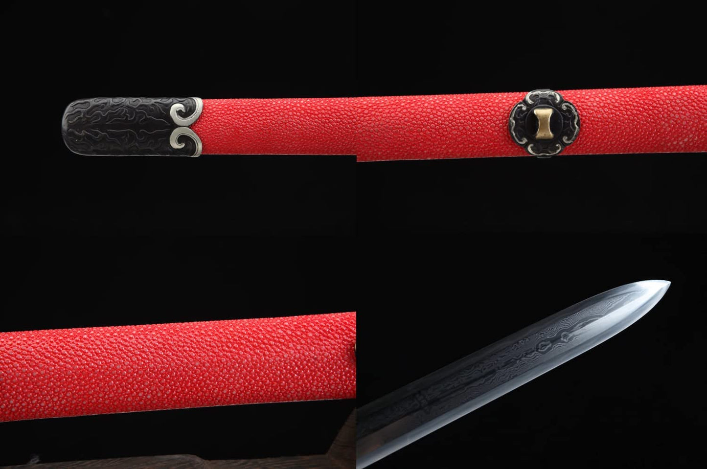 Fire Dragon Swords,Damascus Steel Blade,Red Skin Scabbard,Brass Fittings