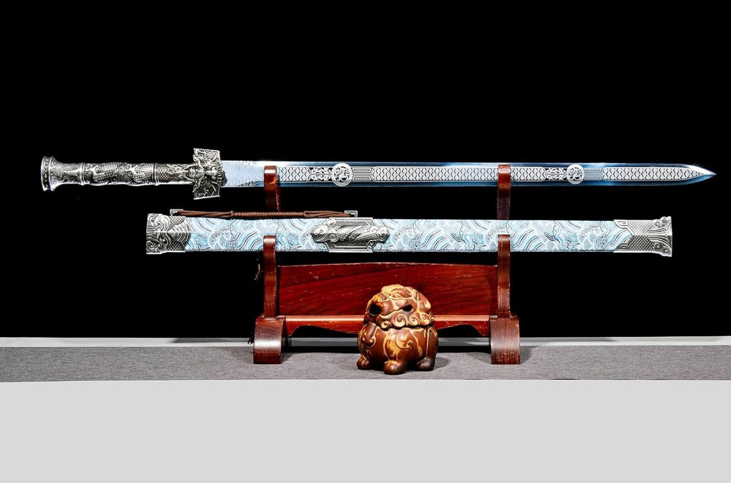 Forged Han Jian Sword–Blue-Etched High carbon Steel Blade,Wooden Scabbard with PVC Leather,