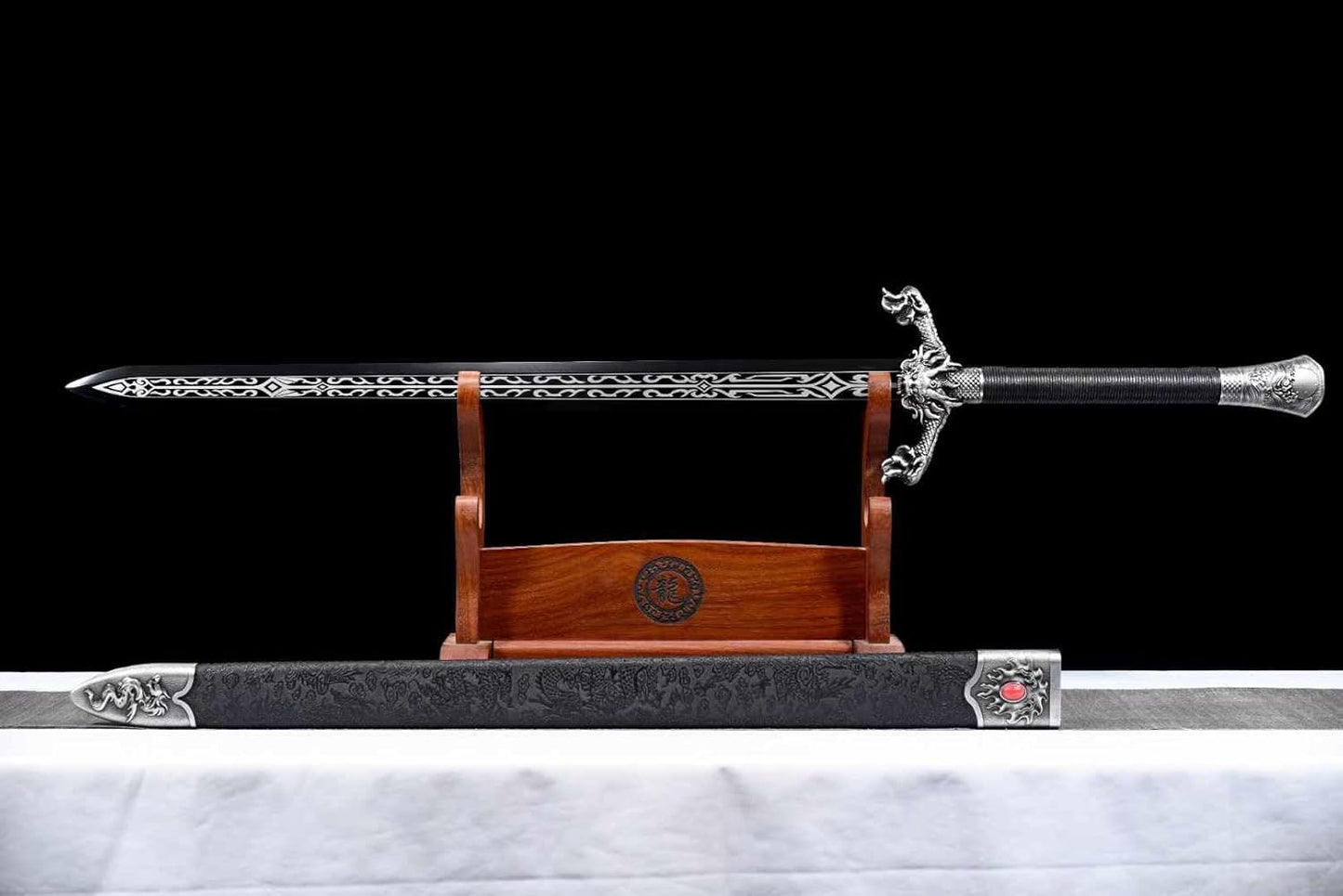 Flying Dragon War Sword | High Carbon Steel | Black Scabbard with Flying Dragon Motif