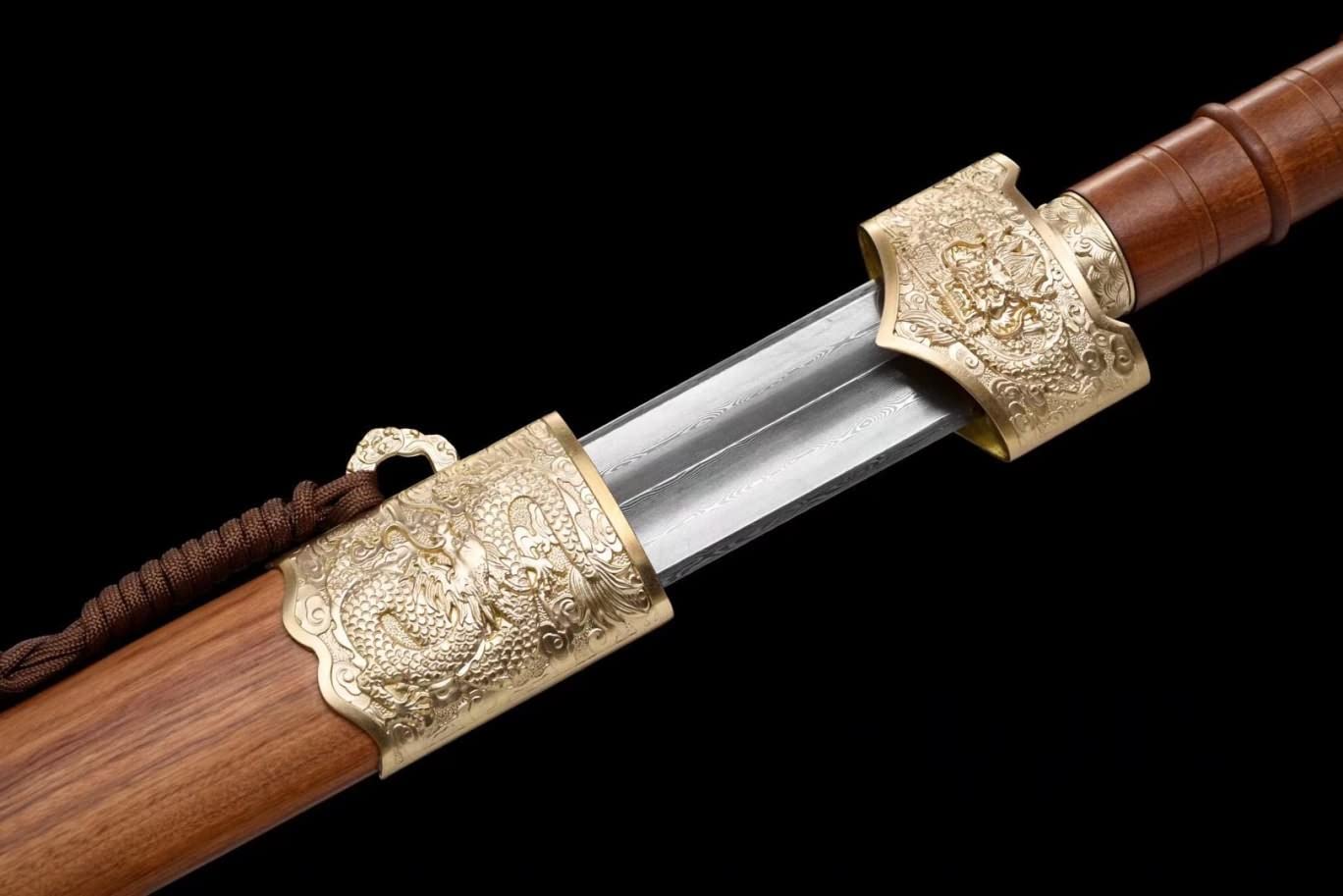 Yuewang Sword,Damascus Steel Blades,Brass Fittings,Redwood Scabbard