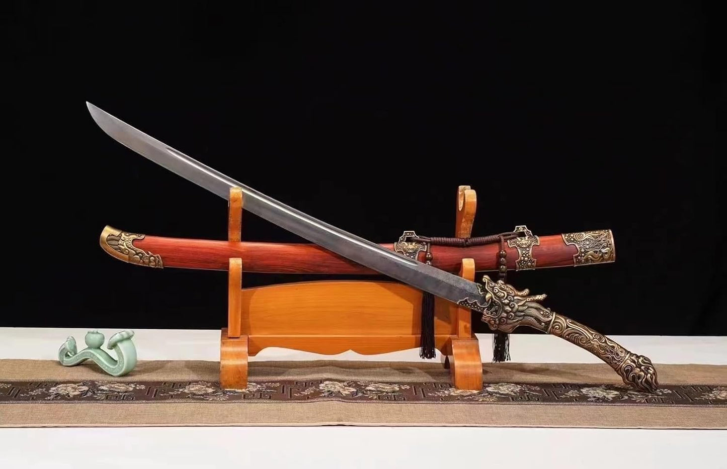 Dragon Qing Dao Collectible Sword - 40" Hand-Forged Damascus Steel, Red Sandalwood