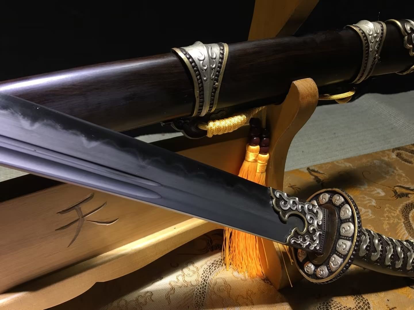 Premium Chinese Qing Dao Sword - Damascus Steel Blade, Ebony Scabbard, Brass Fittings