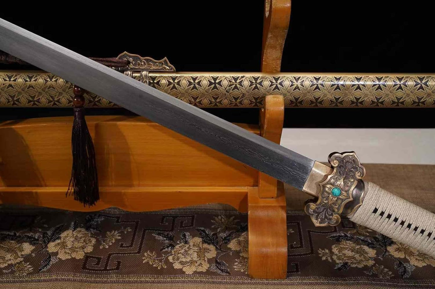 Tang Dynasty Sword – Forged Damascus Steel Blade,Brass Engraved Scabbard