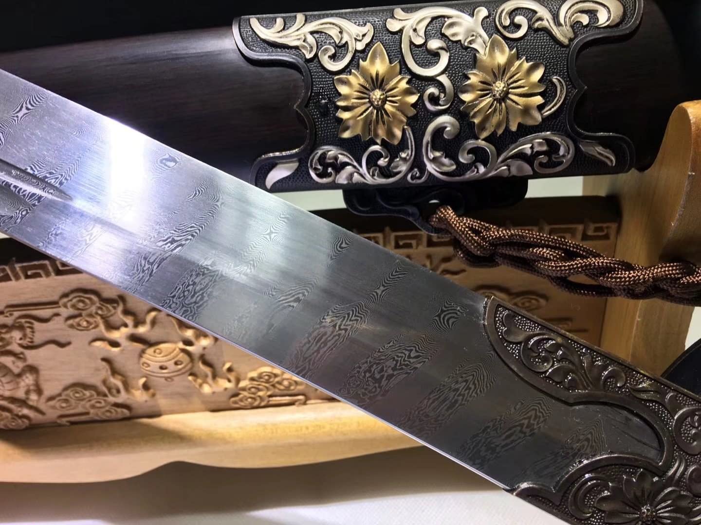 Qing dao,Forged Damascus Steel Blade,Ebony Scabbard,Brass Fittings