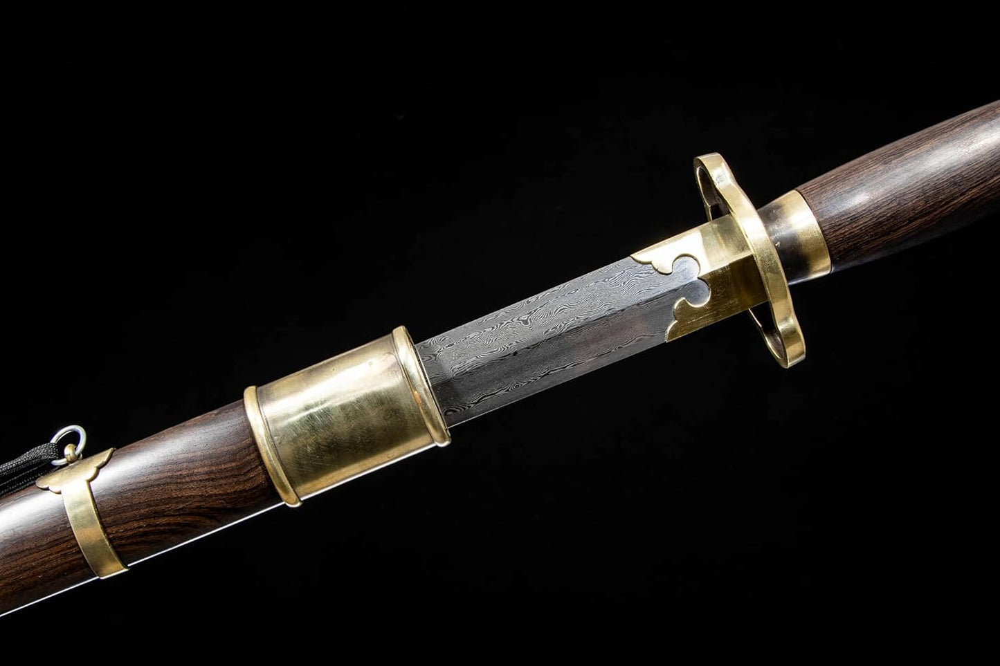 Song Dynasty Ring Pommel Sword–Damascus Steel Blade, Ebony Scabbard, Brass Fittings