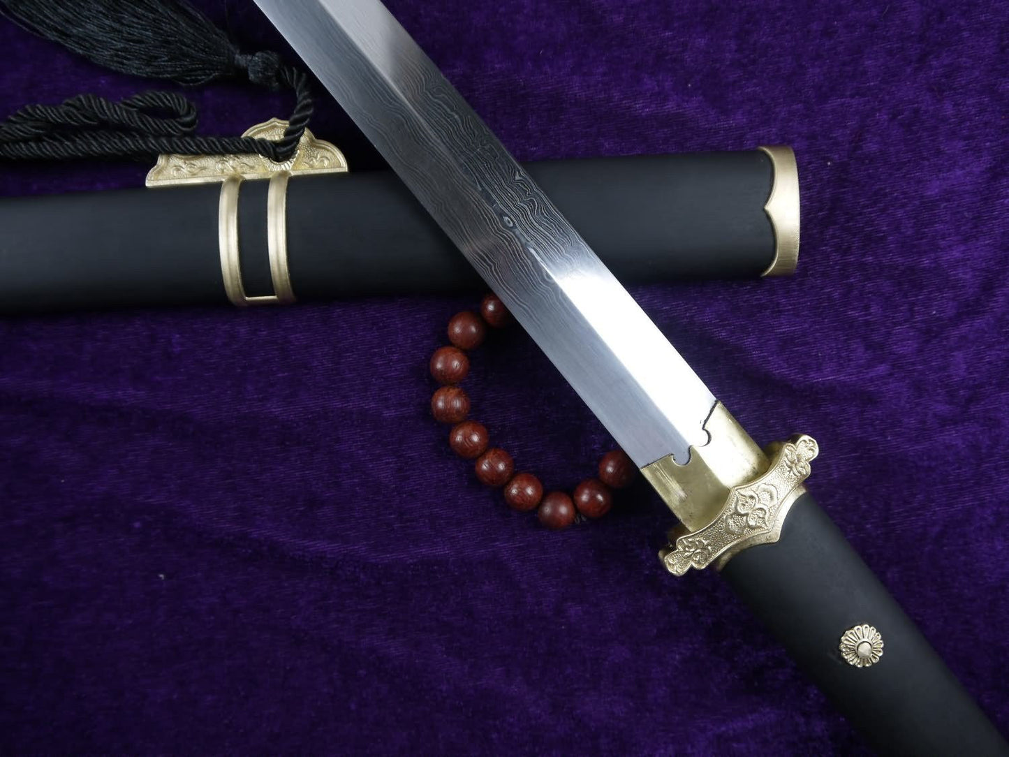 Tang jian/Damascus Steel blade/Black scabbard/Brass fittings/Full Tang