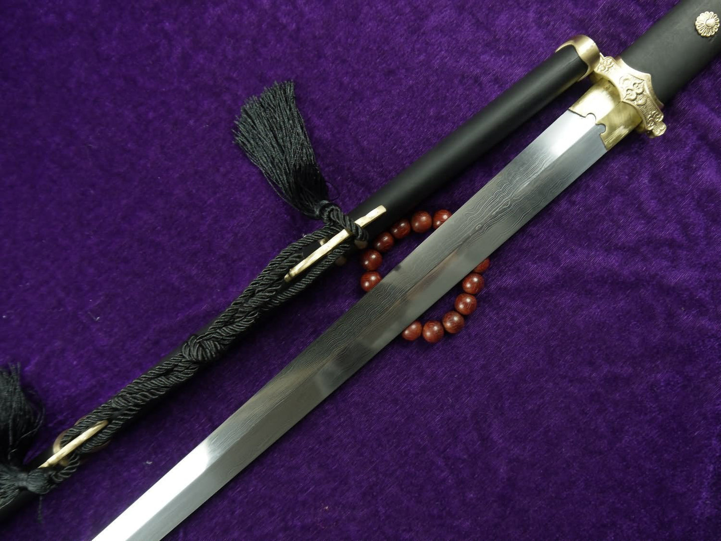 Tang jian/Damascus Steel blade/Black scabbard/Brass fittings/Full Tang