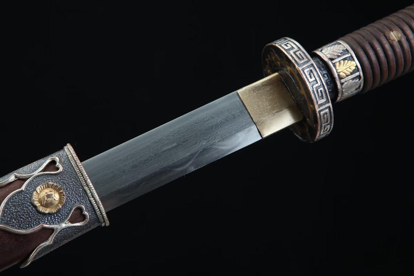 Tang dao Swords Real Damascus Blade,Brass Fittings,Rosewood Scabbard