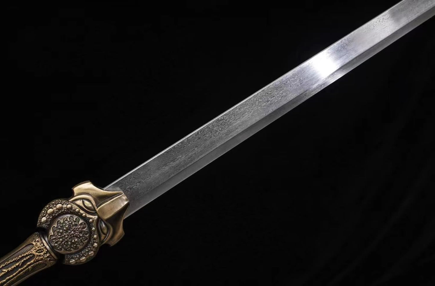 Traditional Tang Sword-Hand Forged Damascus Steel Blade,Brass Scabbard