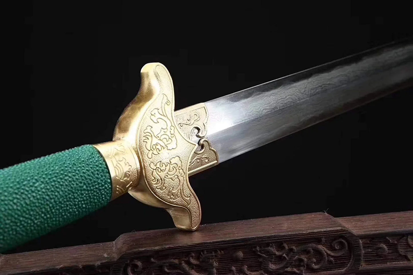 Tai Chi Jian,Superior,Damascus Steel Blade,Green Skin Scabbard,Brass Fittings