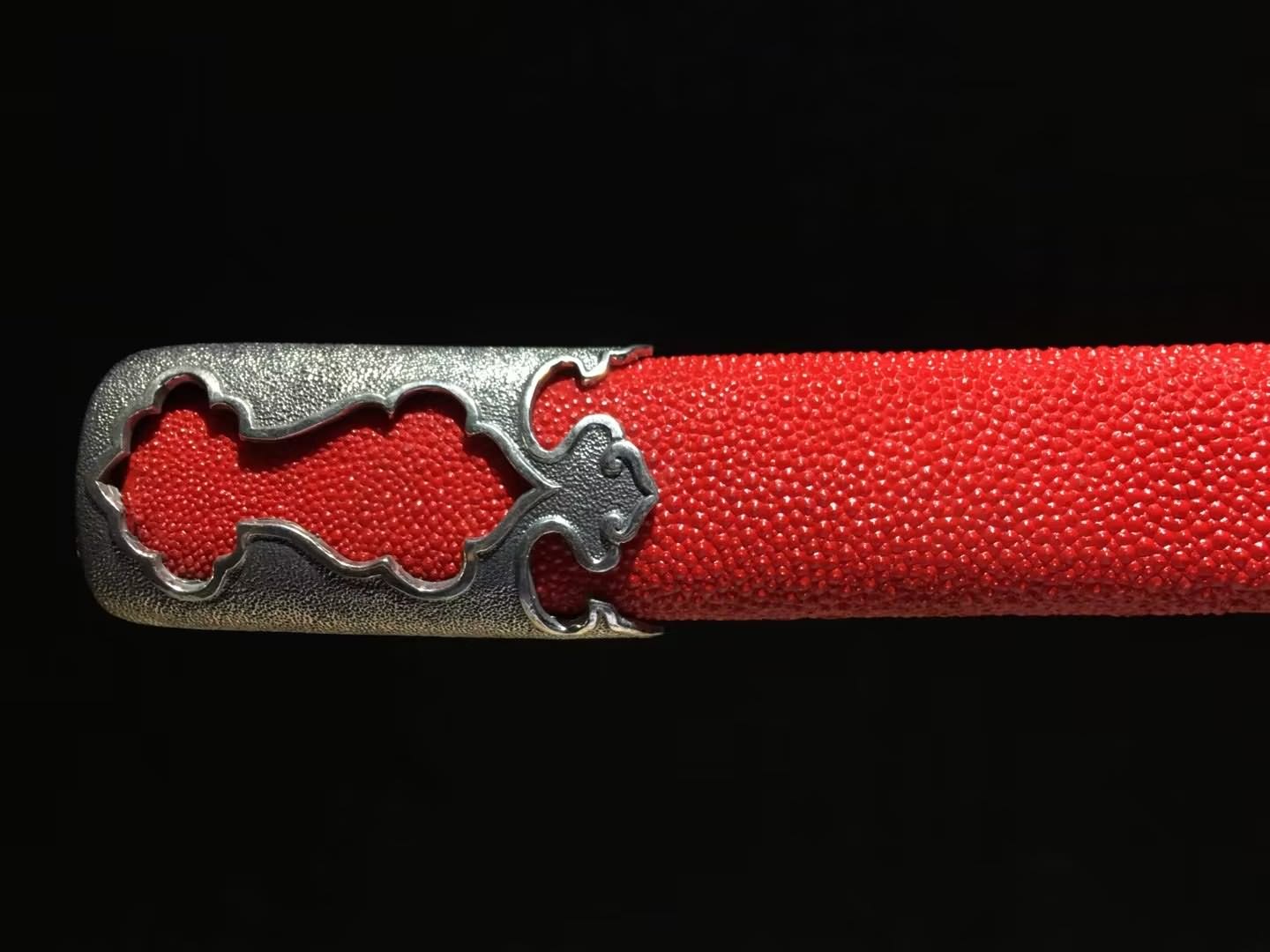 Tang Sword, Damascus Steel Blade, Red Pearl Fishskin Scabbard,Brass Fittings