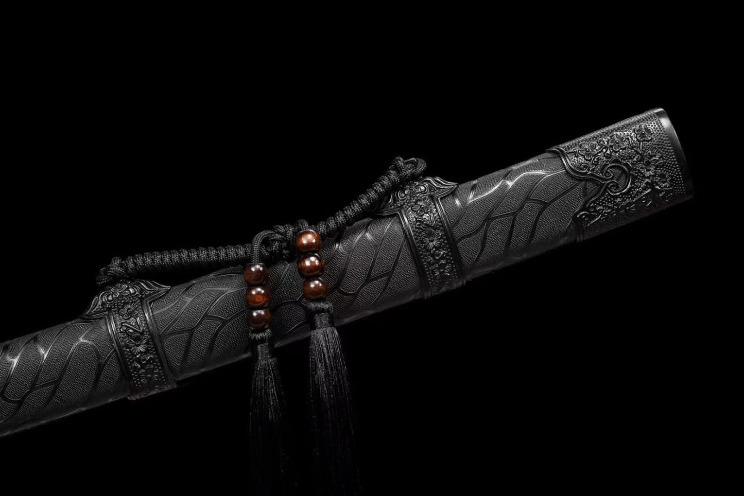 Qing dao,Forged High Carbon Steel Black Blade,Solid Wood Wrapped Faux Leather Scabbard,Alloy Fittings