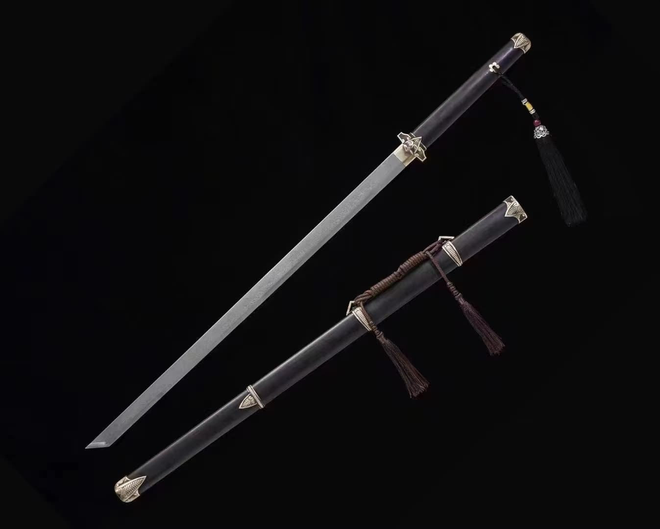 Tang dao Swords-Handcrafted Damascus Steel Blade with Brass Fittings Black Wood Scabbard