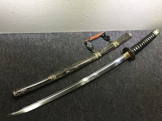 Tachi katana,Black skin scabbard,Damascus steel burn blade,Brass,Full tang