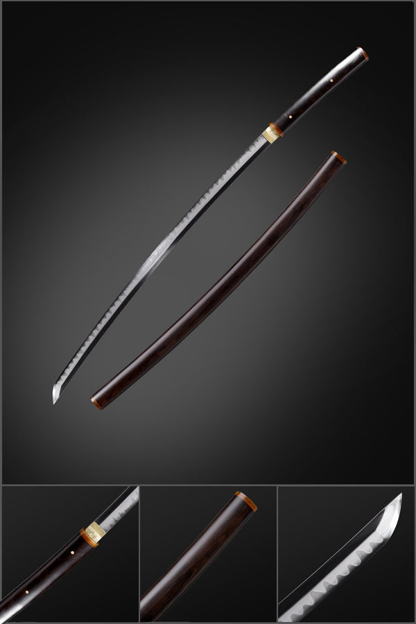 Ebony Wood Saya Katana Laido with T10 Forged Blade, Copper Guard, and Yellow Cow Horn Inlays