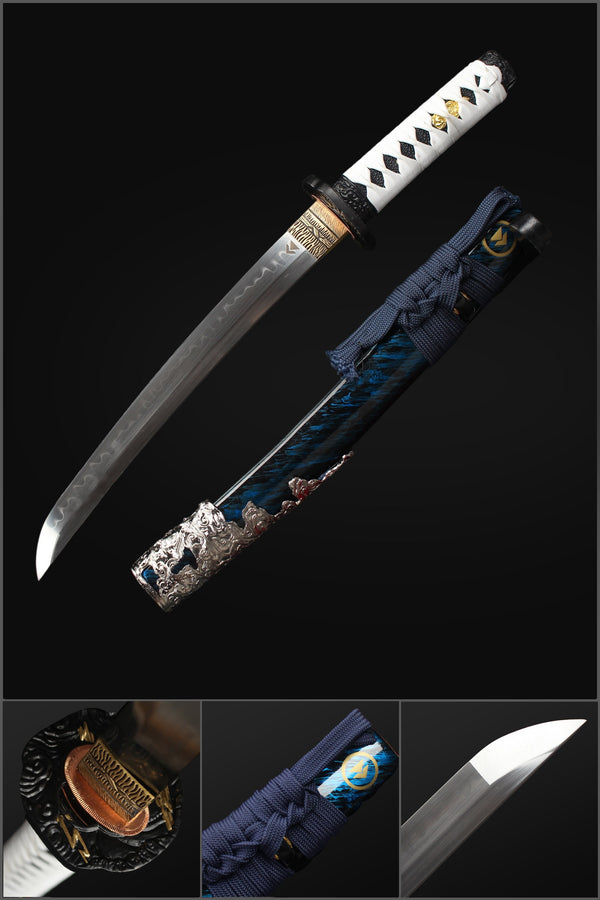 Handmade Game Ghost of Tsushima Short Katana Swod Hand Polished T10 Steel Blade Clay Tempered Zinc Alloy Saya