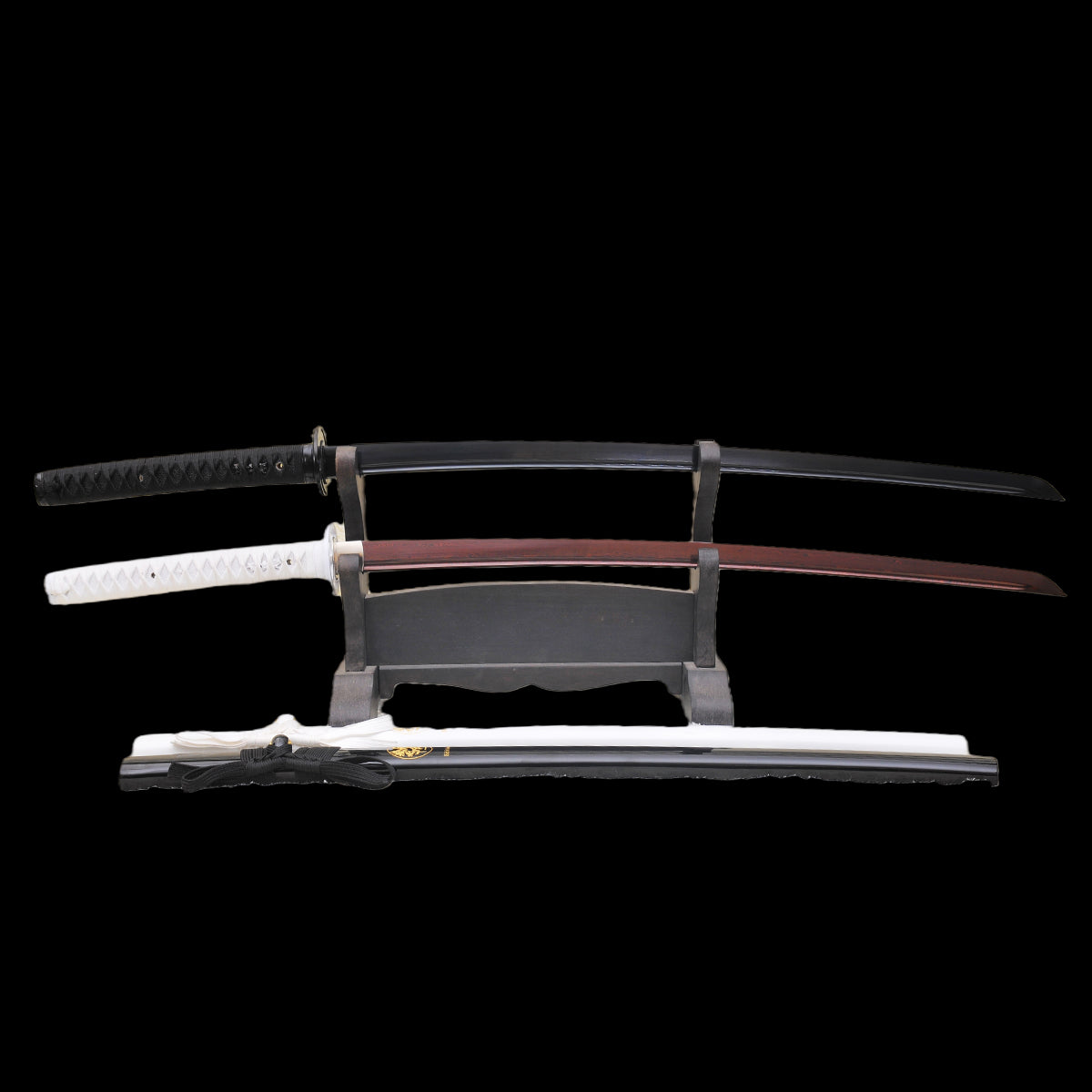 Hand Forged Japanese Daisho Black+White Katana Sword Set Folded Steel Reddish Black Blade