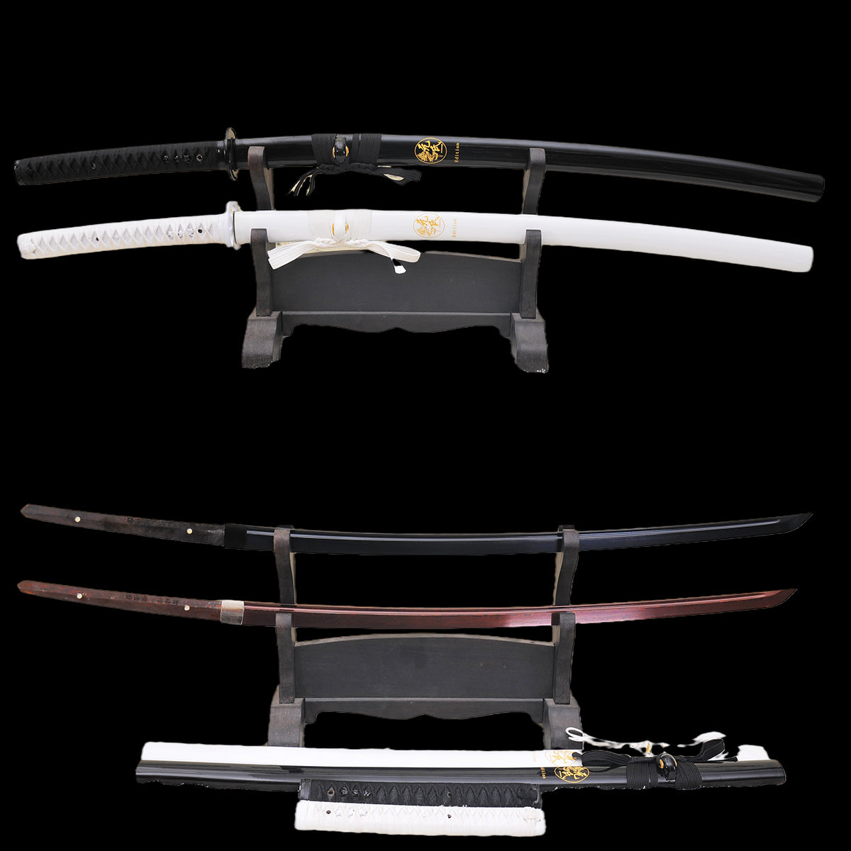 Hand Forged Japanese Daisho Black+White Katana Sword Set Folded Steel Reddish Black Blade