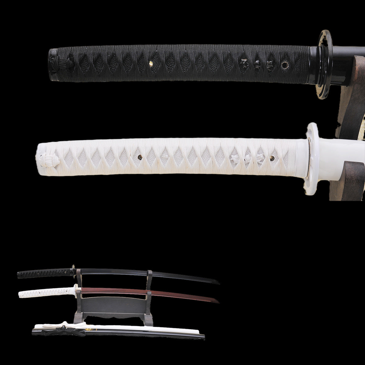 Hand Forged Japanese Daisho Black+White Katana Sword Set Folded Steel Reddish Black Blade