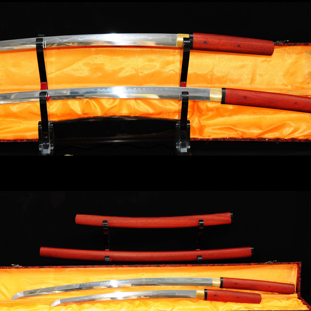 Hand Forged Japanese Daisho Katana+Wakizashi Sword Set 1095 High Carbon Steel Redwood Shirasaya