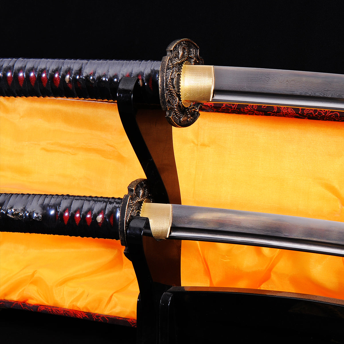 Hand Forged Japanese Daisho Sword Katana+Wakizashi Folded Steel Damascus Brass Tsuba Full Tang