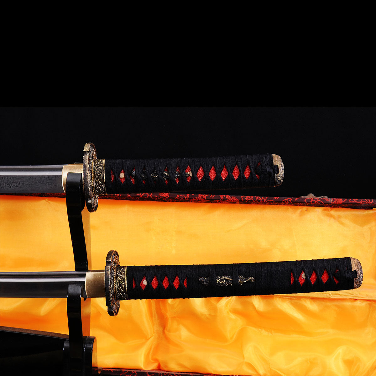 Hand Forged Japanese Daisho Sword Katana+Wakizashi Folded Steel Damascus Brass Tsuba Full Tang