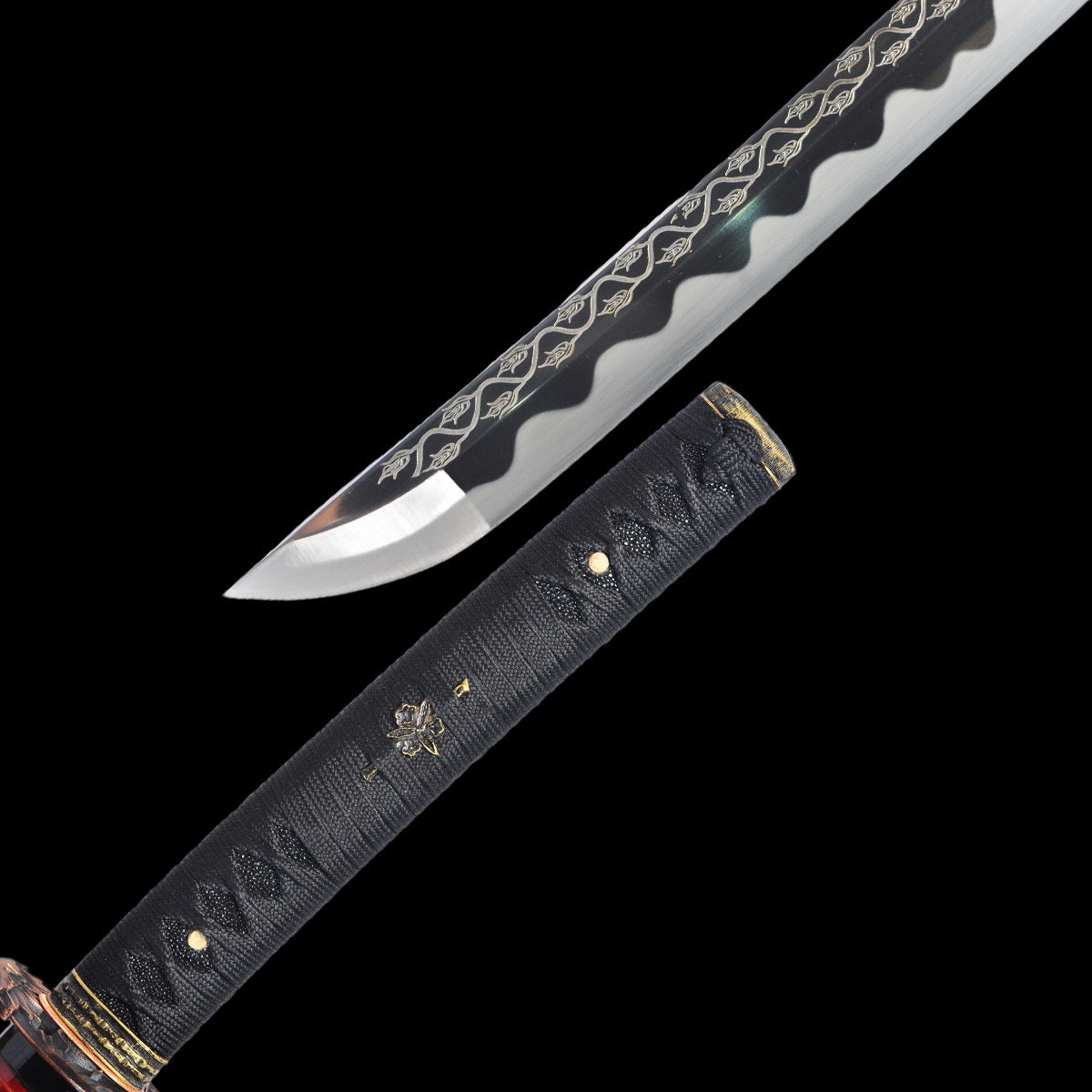 Hand Forged Japanese Samurai Katana Sword 1095 High Carbon Steel Blade With Rose Engraving Sharp