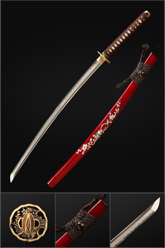 Handmade Japanese Katana Sword, Skylark Pattern Sword T10 Steel Full Tang Clay Tempered Blade