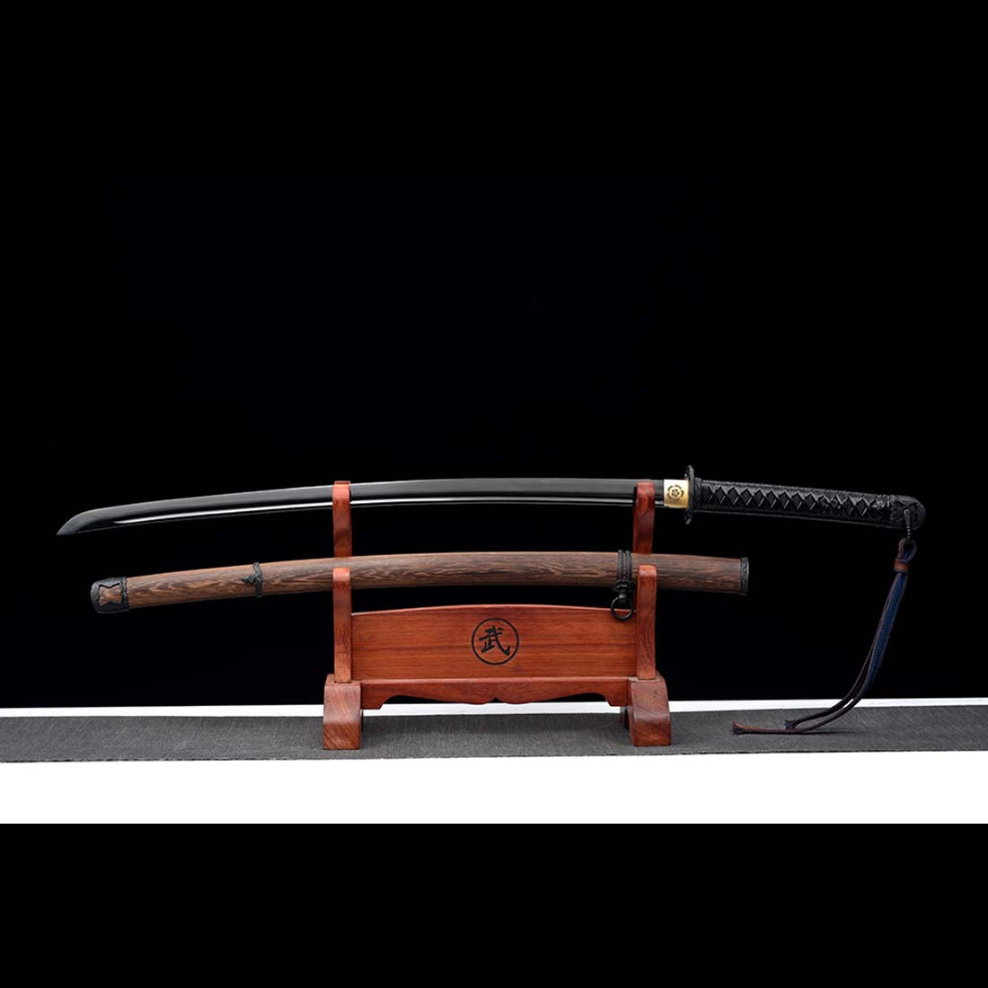 Handmade Japanese Samurai Katana, Japanese Gunto 1060 Carbon Steel Black Blade with Bo-hi Rosewood Saya