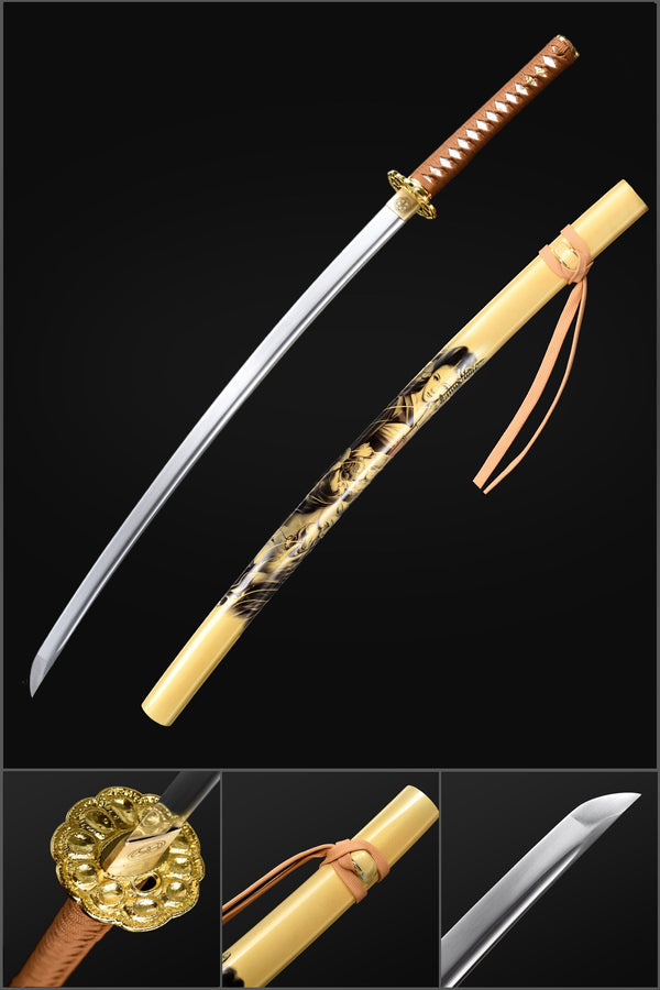 Handmade Japanese Samurai Katana, MoYang Sword 9260 Spring Steel Blade with Bo-hi Full Tang Painting Saya