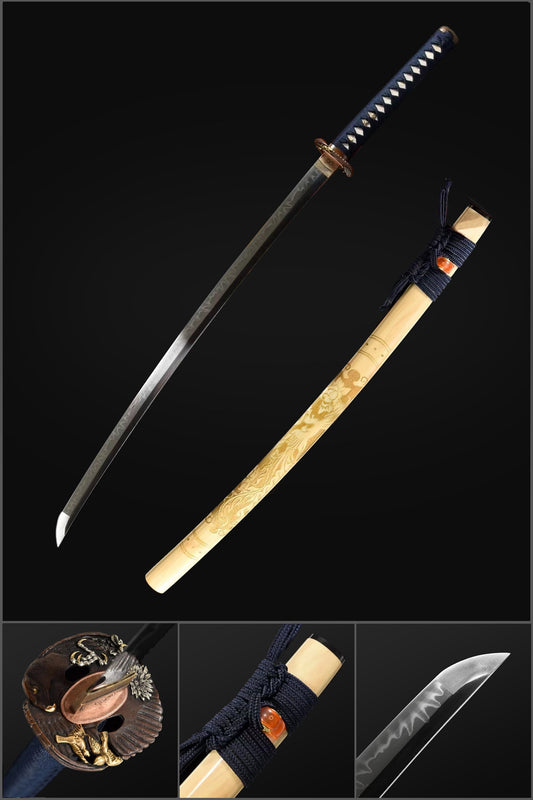 Handmade Japanese Samurai Katana, Falcon Theme T10 Steel Full Tang Blade Hand Carved Saya Gilding Tsuba