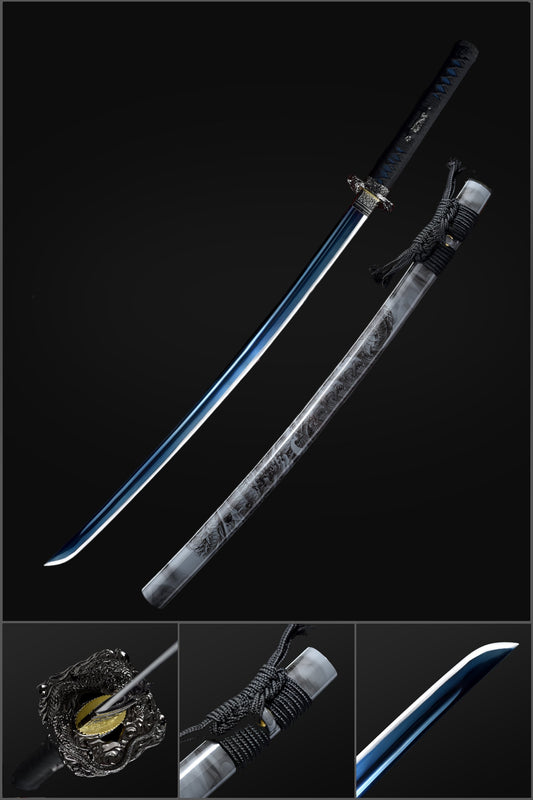 Handmade Japanese Samurai Katana, Dragon Sword Blue Blade with Bo-hi 1060 Carbon Steel Clay Tempered Dragon Pattern Fitting