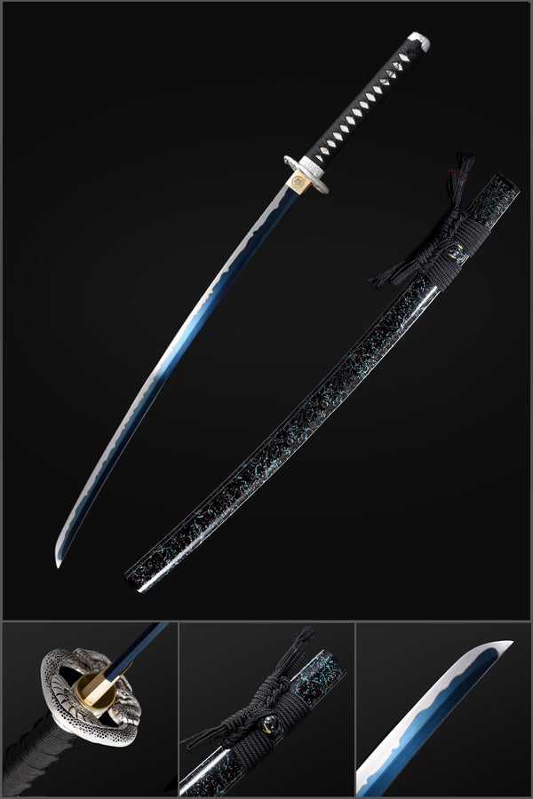 Handmade Japanese Katana Sword, High Manganese Steel Full Tang Blue Blade Stripe Saya Python Tusba