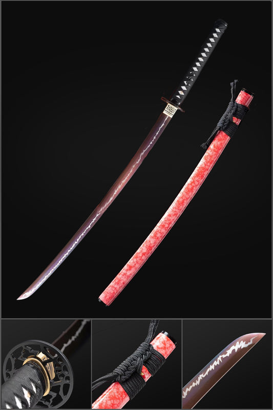 Handmade Japanese Samurai Katana, High Manganese Steel Purple Blade Red Saya Thunder Pattern