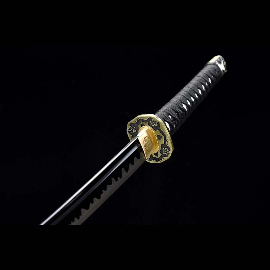 Handmade Japanese Tachi Katana, High Manganese Steel Full Tang with Grinding Hamon Black Saya