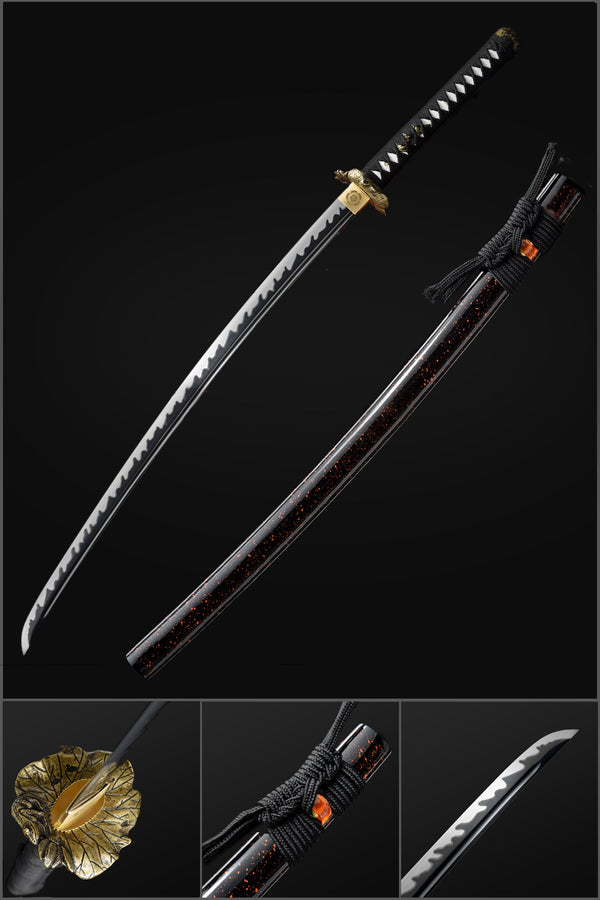 Handmade Japanese Samurai Katana, High manganese Steel Fire Pattern Blade Full Tang Golden Toad Theme Fitting