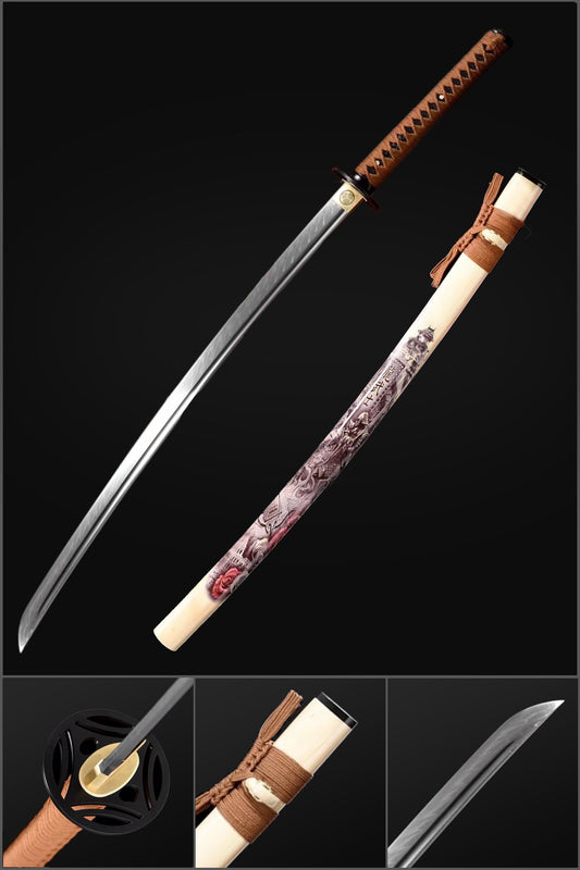 Handmade Japanese Samurai Katana, T10 Steel Mirrorlike Blade with Bo-hi Full Tang Dragon Samurai Saya