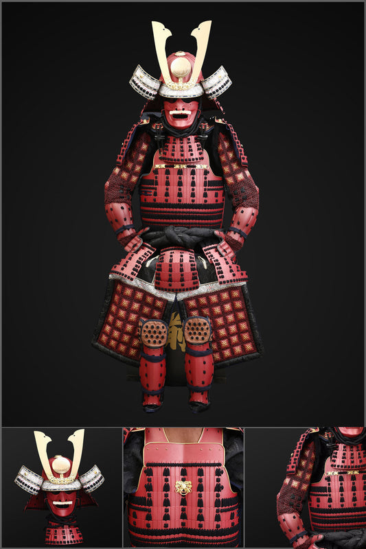 Handmade Life-Size Yoroi，Red Arima Clan Samurai Armor Set with Kuro Kuwagata Helmet