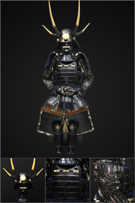 Handmade Life Size Yoroi,Oda Clan Black Samurai Armor with Antlers Helmet