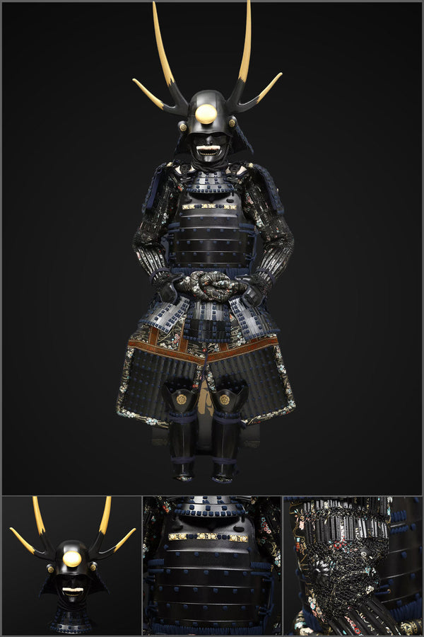 Handmade Life Size Yoroi,Oda Clan Black Samurai Armor with Antlers Helmet