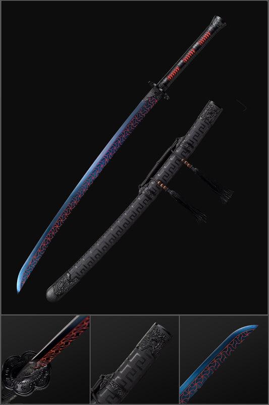 Handmade Quenched Blue Burnt Flower Blade Katana Sword Spring Steel Samurai Sword Full Tang