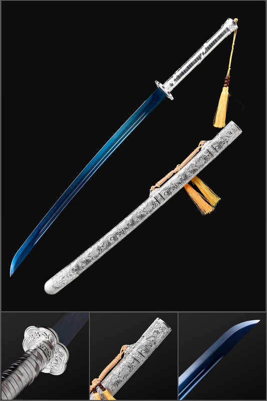 Handmade Spring Steel Katana Sword Full Tang Quenched Blue Blade with Bo-hi Silver