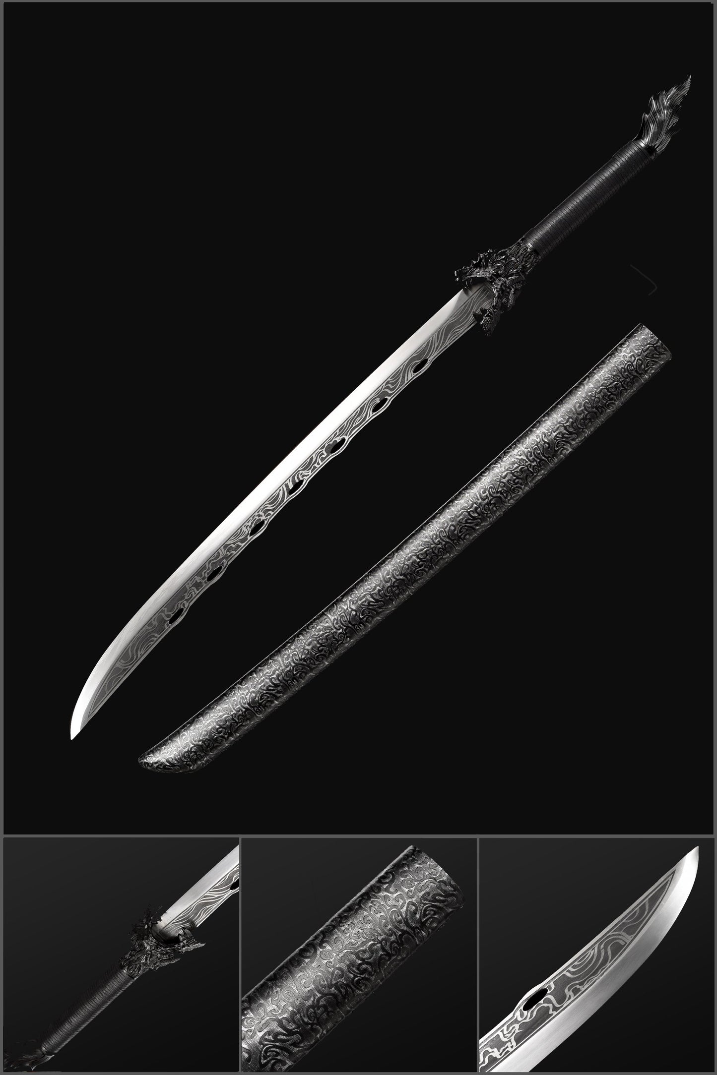 Handmade Spring Steel Samurai Katana Sword Patterned Full Tang Blade Hardwood+Leather Saya