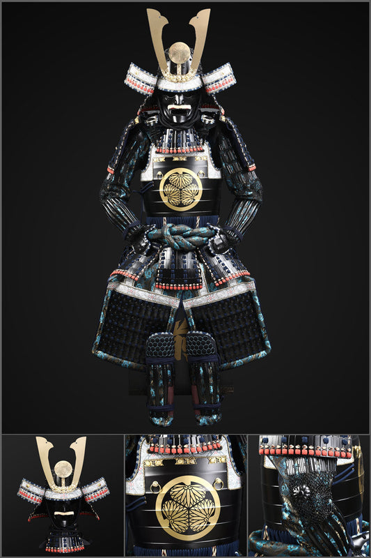 Handmade Tokugawa Clan Black,Blue Samurai Armor with Kuro Kuwagata Kabuto Helmet Life Size Japanese Yoroi