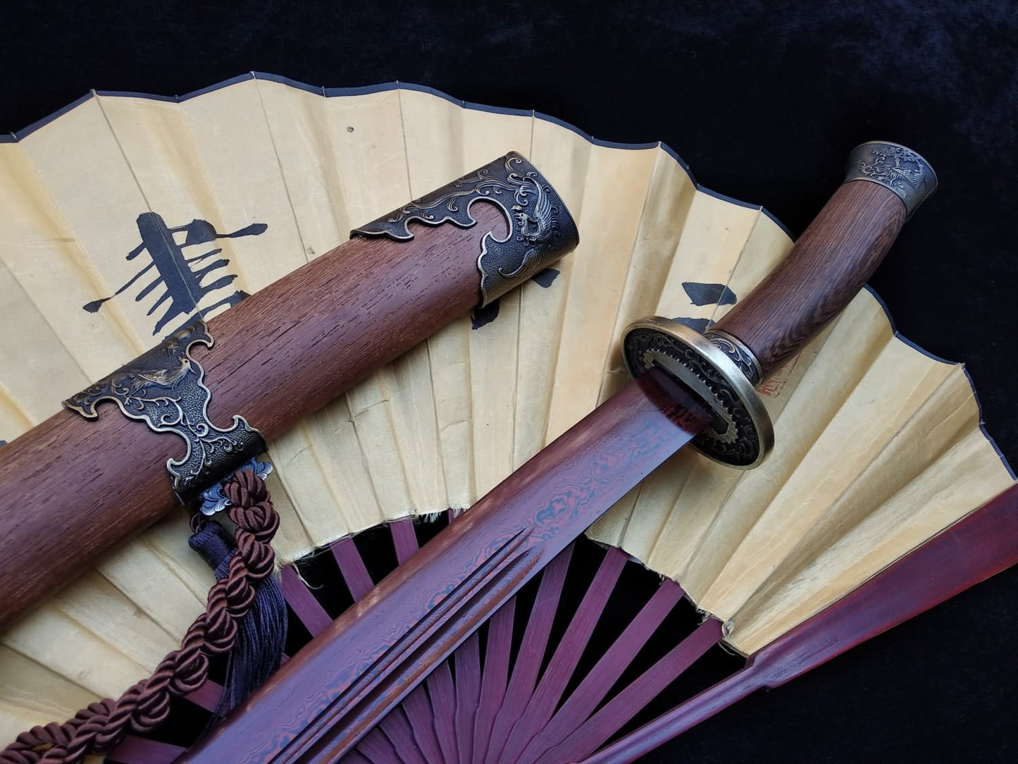 Qing dao sword,Damascus steel red blade,Rosewood scabbard,Alloy fittings