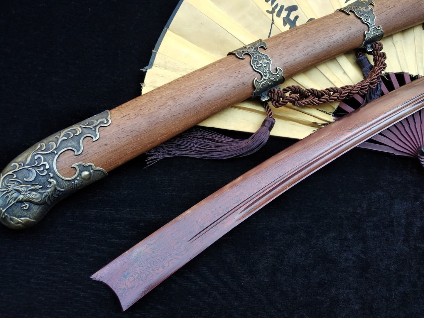 Qing dao sword,Damascus steel red blade,Rosewood scabbard,Alloy fittings