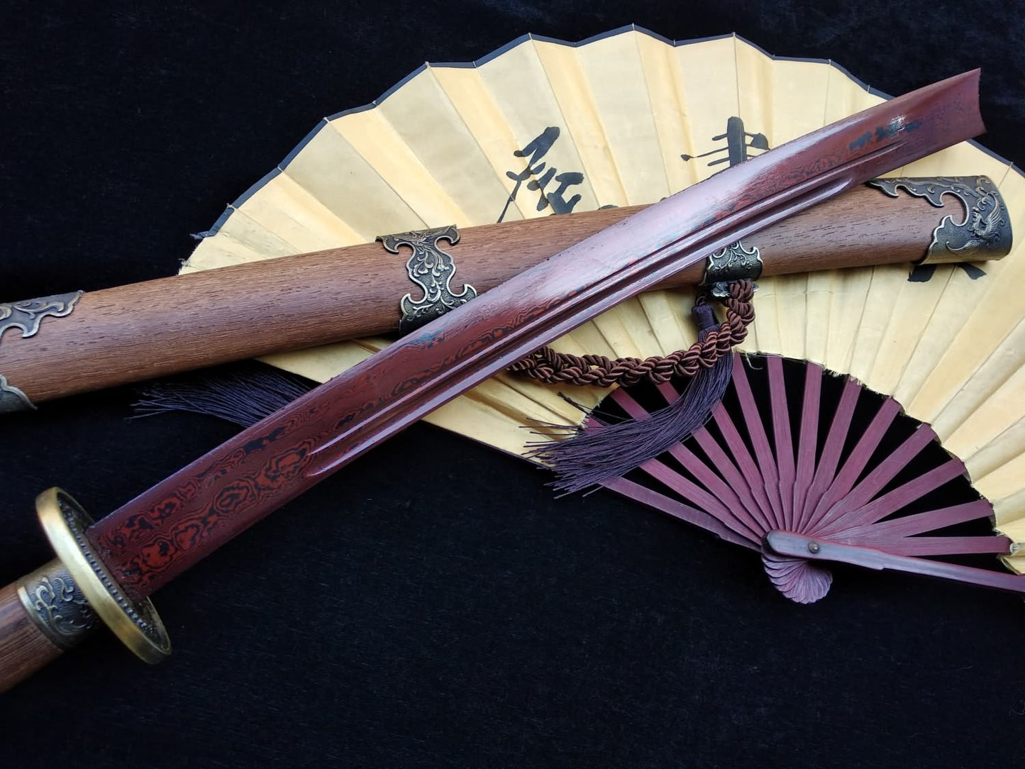 Qing dao sword,Damascus steel red blade,Rosewood scabbard,Alloy fittings