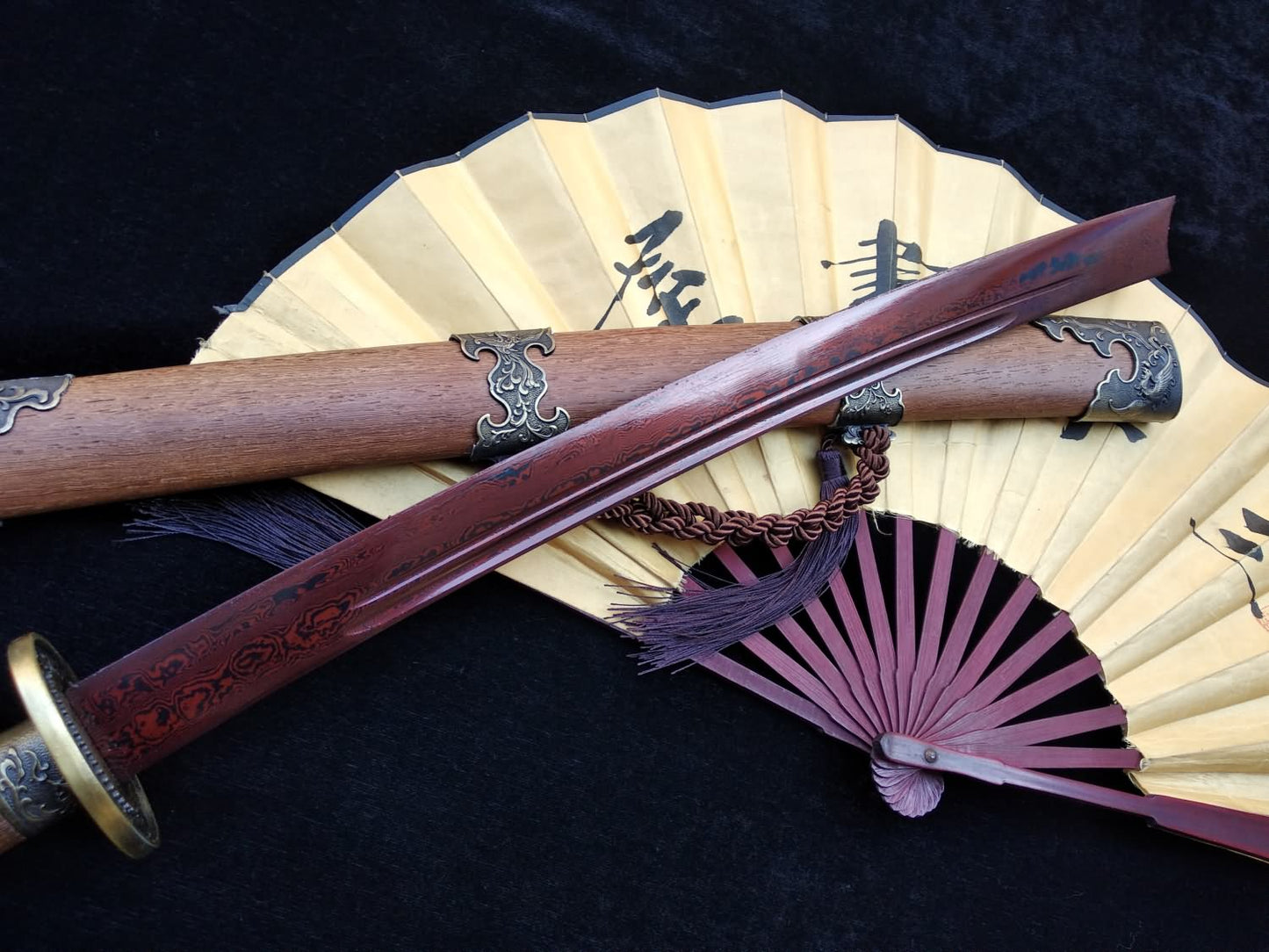 Qing dao sword,Damascus steel red blade,Rosewood scabbard,Alloy fittings