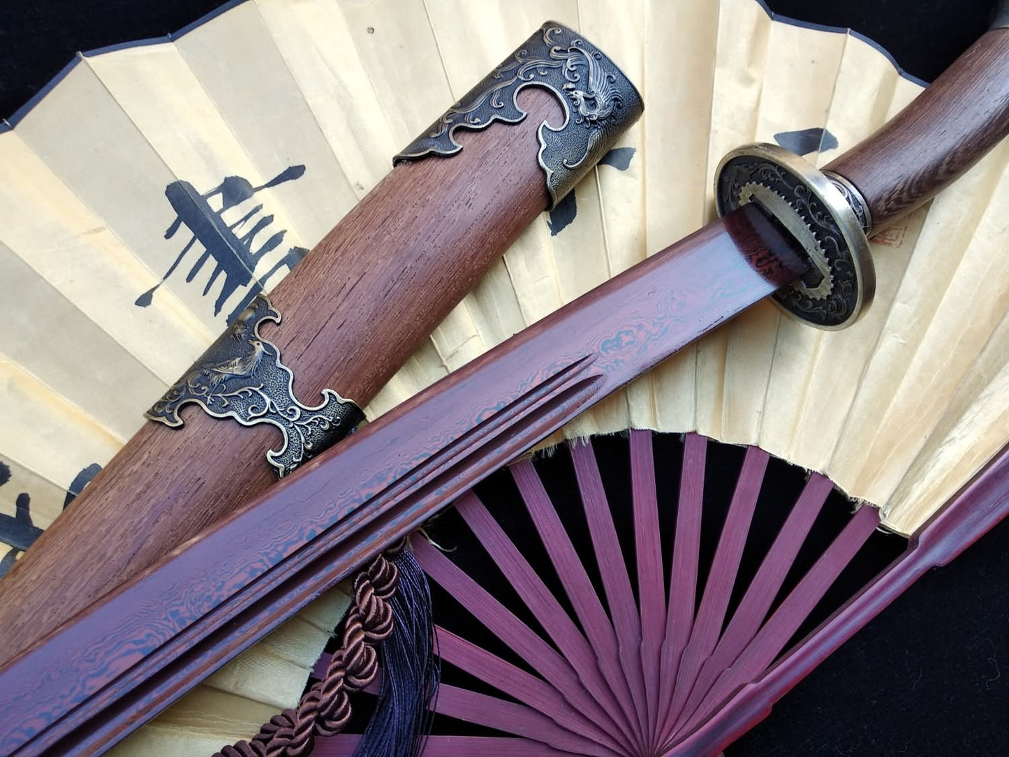 Qing dao sword,Damascus steel red blade,Rosewood scabbard,Alloy fittings