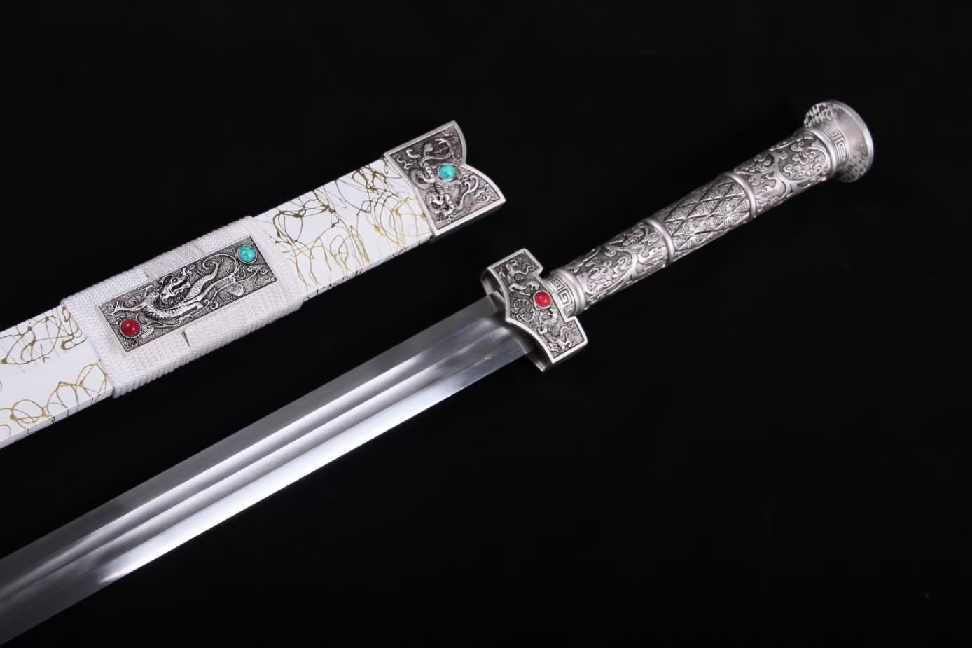 Han jian swords Forged high Carbon Steel Blade,Alloy Fittings,White Scabbard